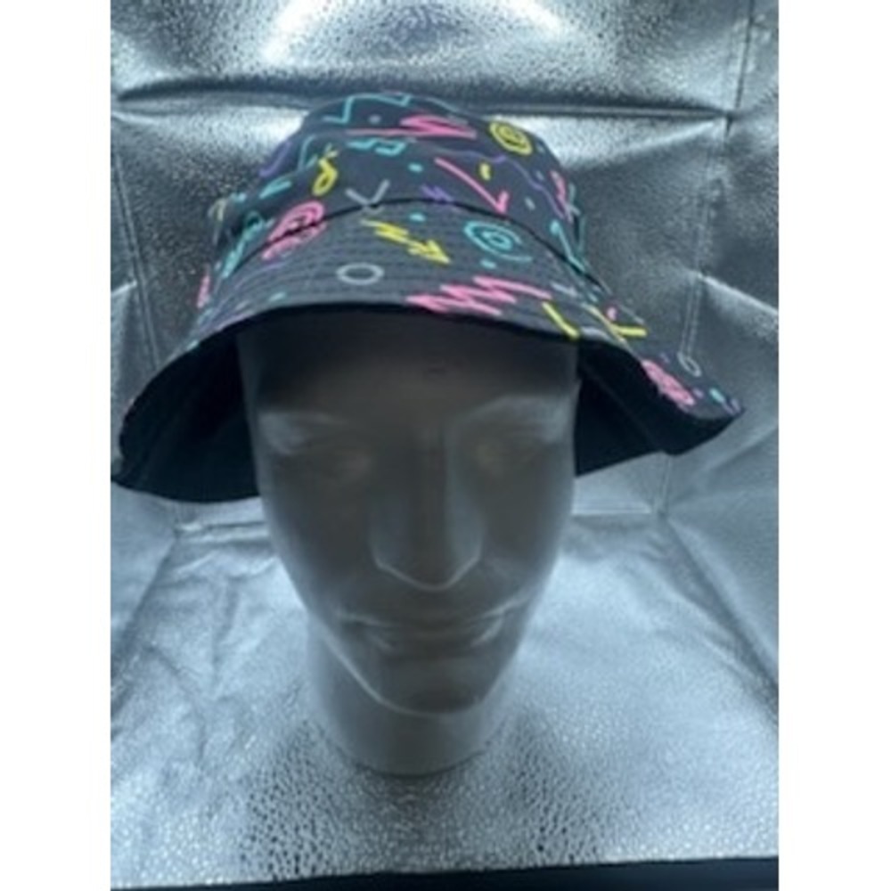 Retro 90s Neon Geometric Squiggle Bucket Hat Black Multi Color Streetwear
